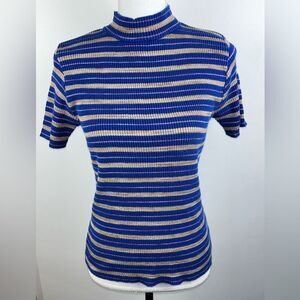 DIRECTIVES Vintage Mock Neck knit blue gray pink stripe sweater sz M Made in USA